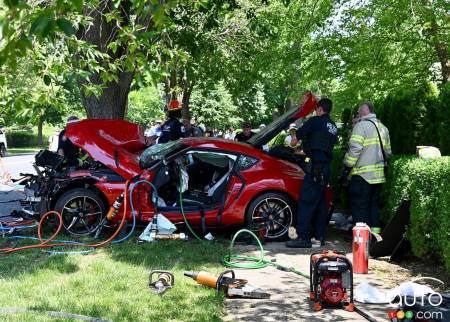 The totaled 2020 Toyota Supra, side view